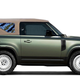 A green Land Rover Defender with a convertible roof.